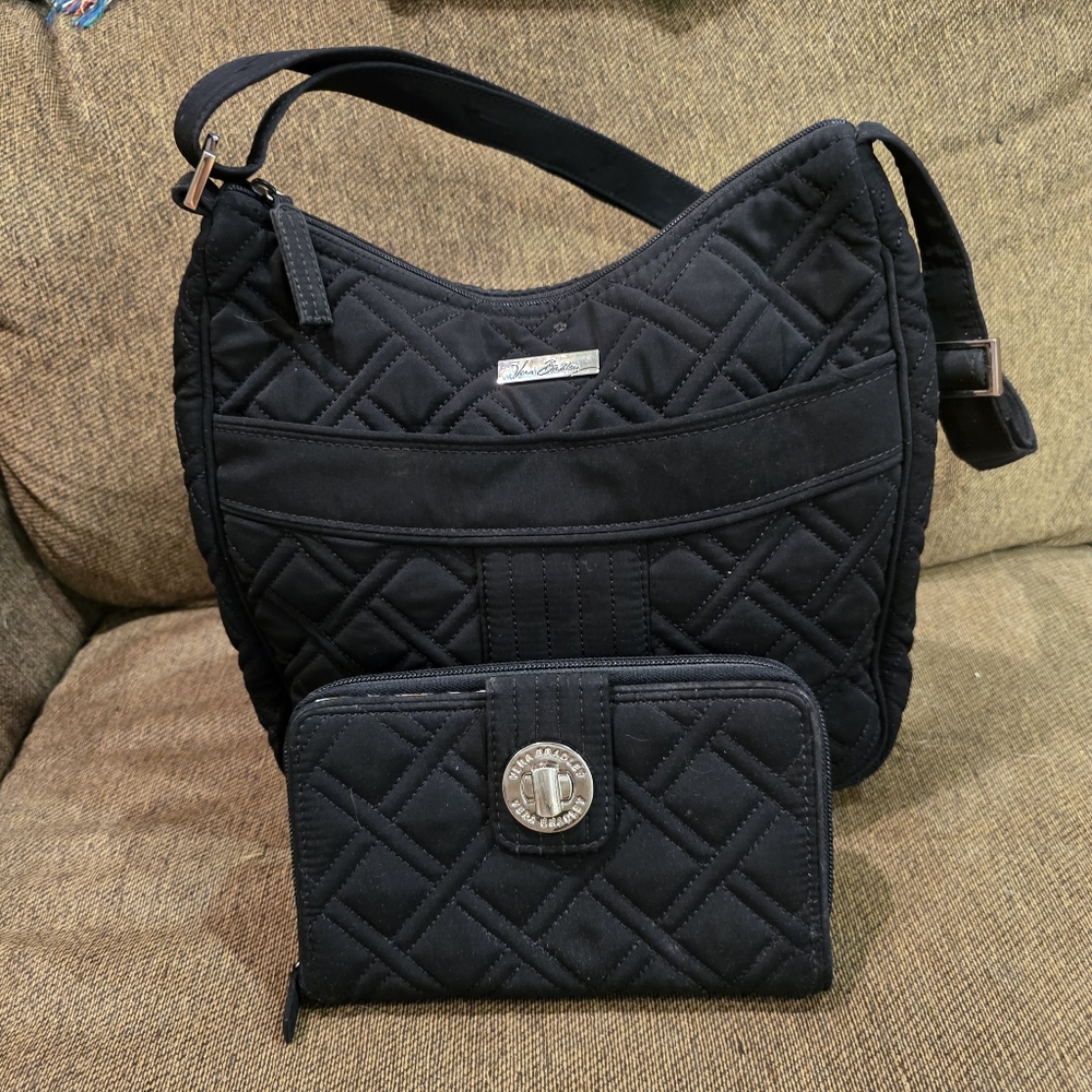 Vera Bradley Black Quilted Shoulder Bag With Matching Wallet